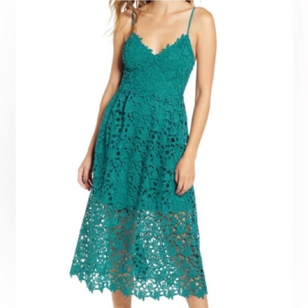 ASTR The Label Lace Midi Dress Teal Blue Spaghetti Strap Size M Lined Floral